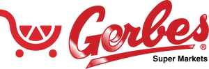 Logo of Gerbes Super Markets with a red shopping cart icon and brand name.