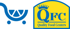 Logo of Quality Food Centers with a blue shopping cart icon on a yellow background