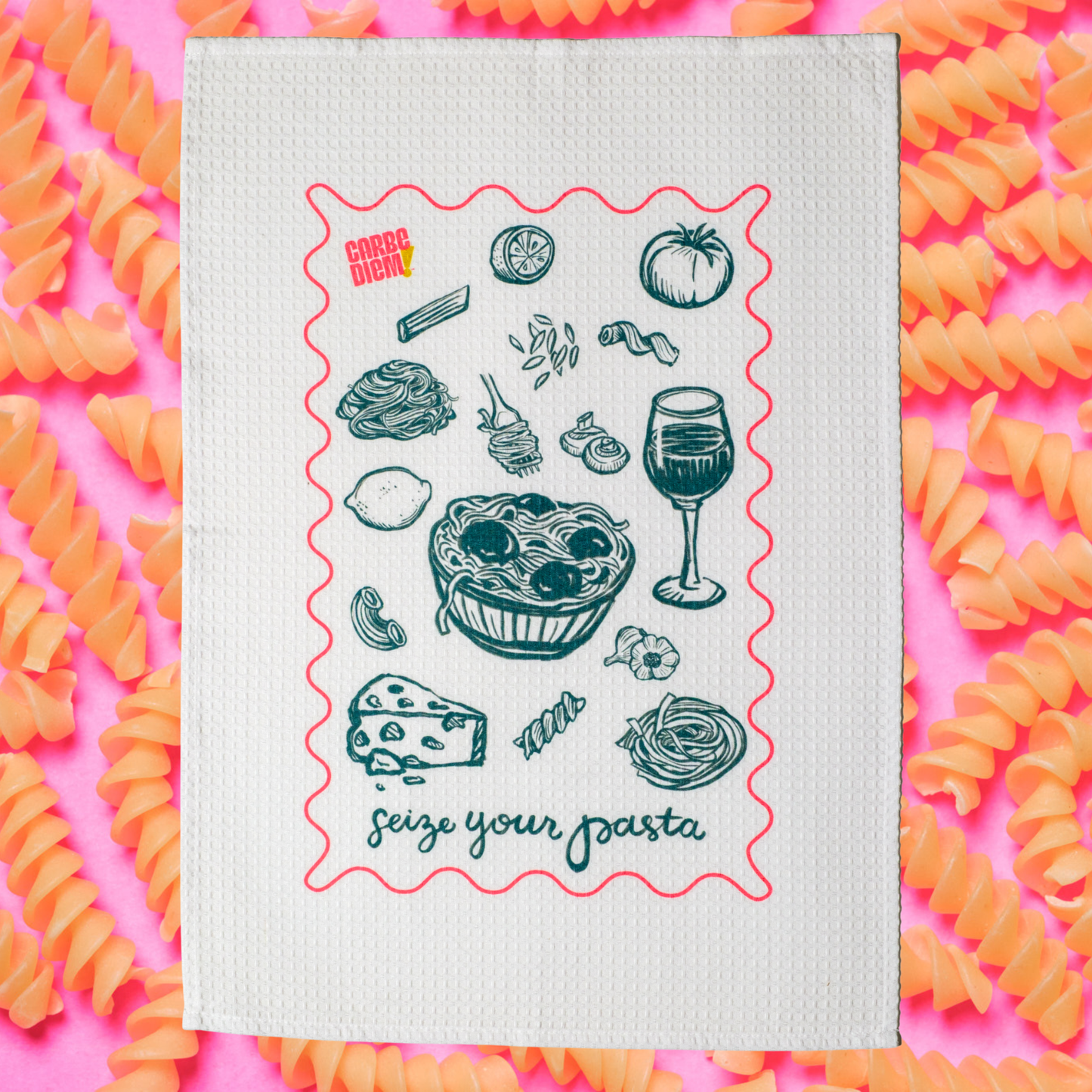 White dish towel with pasta-themed illustrations and text reading 'Seize your pasta' on a white background