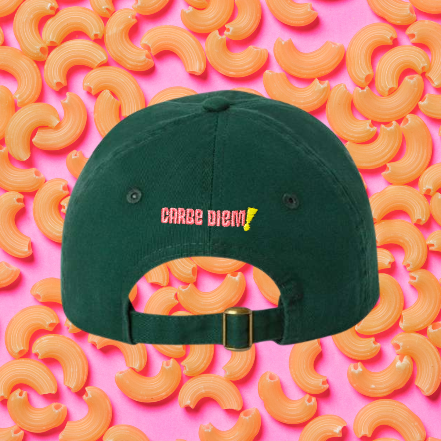 Green cap with 'Carbe Diem' text on a white background
