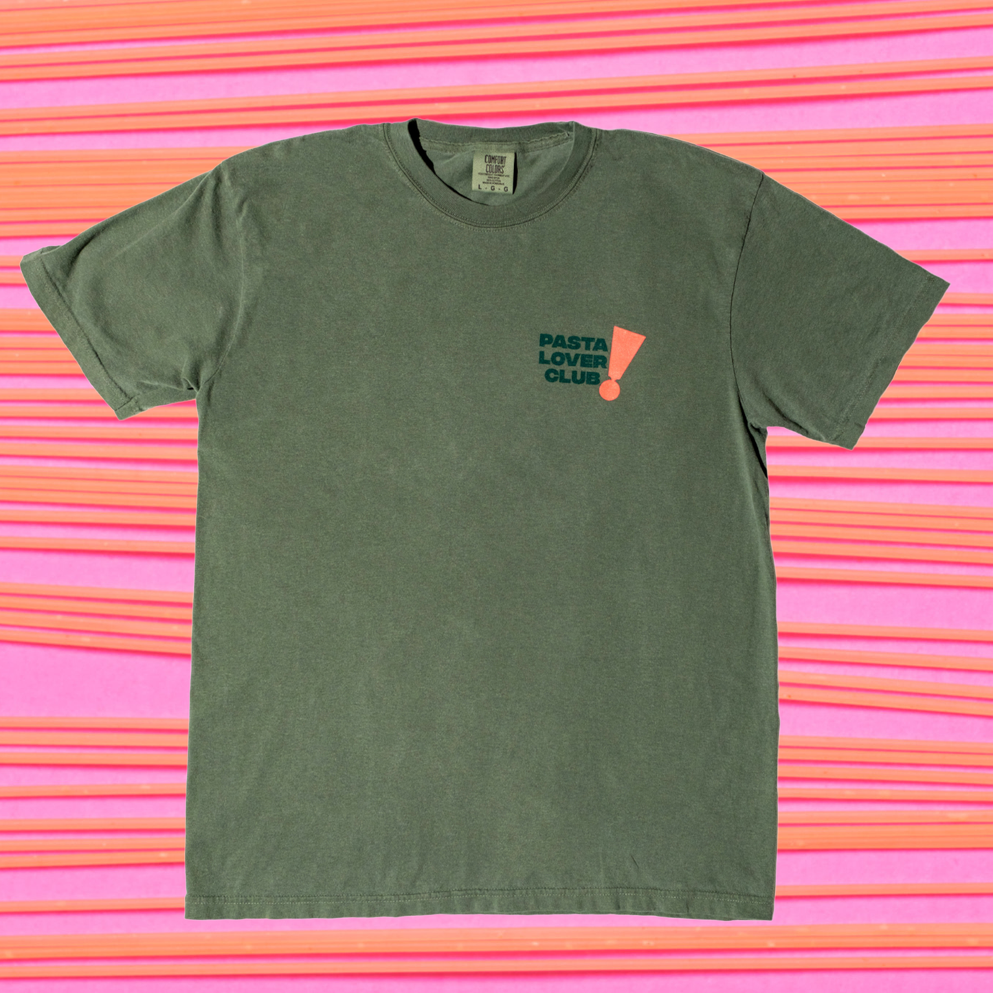 Green t-shirt with 'Pasta Lover Club!' graphic on a white background