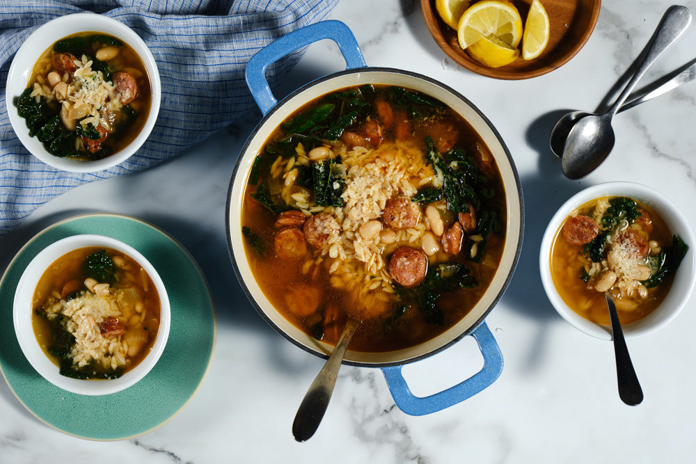 Chicken Sausage, White Bean, Kale & Orzo Soup