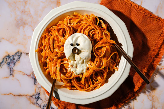 Fettuccine with Smoky Tomato Sauce Burrata “Ghosts”