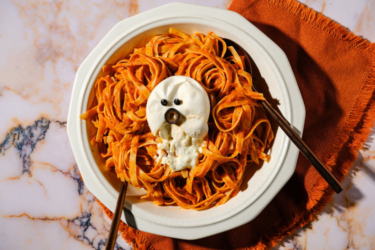Fettuccine with Smoky Tomato Sauce Burrata “Ghosts”