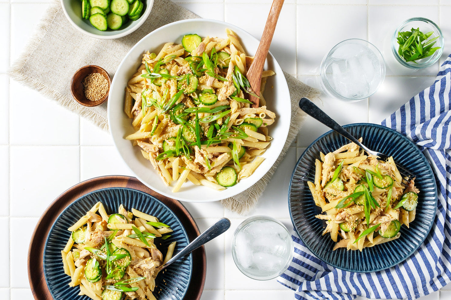 Three bowls of Miso Chicken Penne Pasta Salad