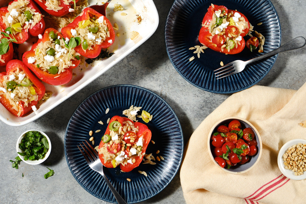 Orzo Stuffed Red Peppers with Lemon Basil Tomatoes