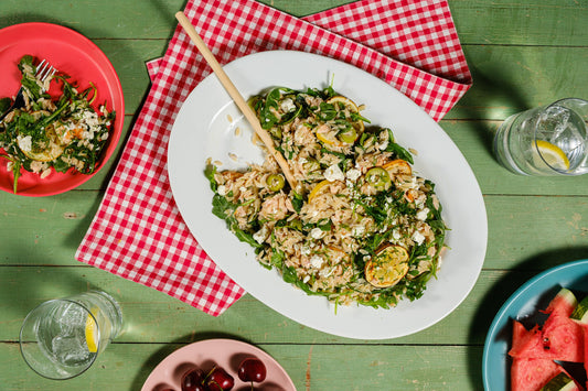 Salmon Orzo Pasta Salad with Olives, Arugula & Charred Lemons
