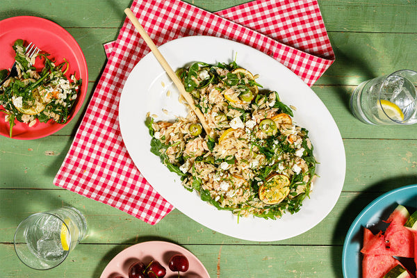 Salmon Orzo Pasta Salad with Olives, Arugula & Charred Lemons