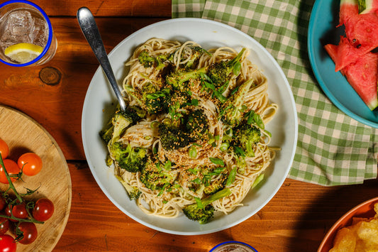 Vegan Miso-Tahini Spaghetti Pasta Salad with Charred Broccoli