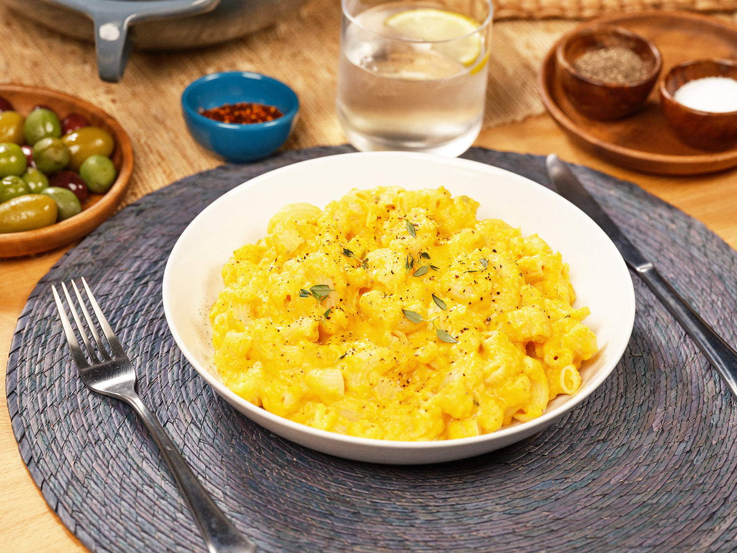 A bowl of Butternut Squash Mac and Cheese on a blue placemat.