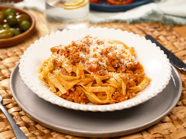 A bowl of Turkey Bolognese with Carbe Diem Fettuccine noodles