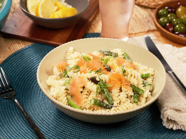 Reduced calorie rotini pasta plated on table