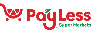 Pay Less Super Markets logo with red text and a shopping cart icon on a white background