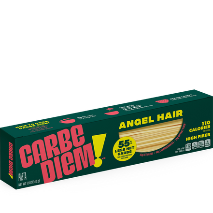 Box of Carbe Diem Angel Hair pasta on a white background