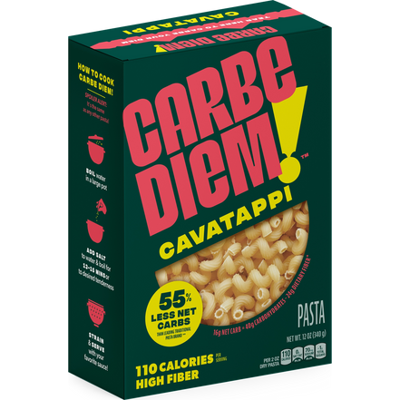 Box of Carbe Diem Cavatappi pasta with green background