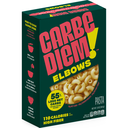Box of Carbe Diem Elbows pasta with green background