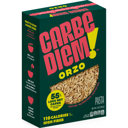 Box of Carbo Diem Orzo pasta with green background