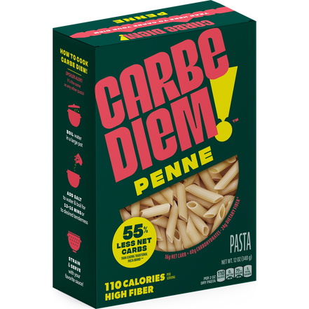 Box of Carbe Diem Penne pasta with green and red design