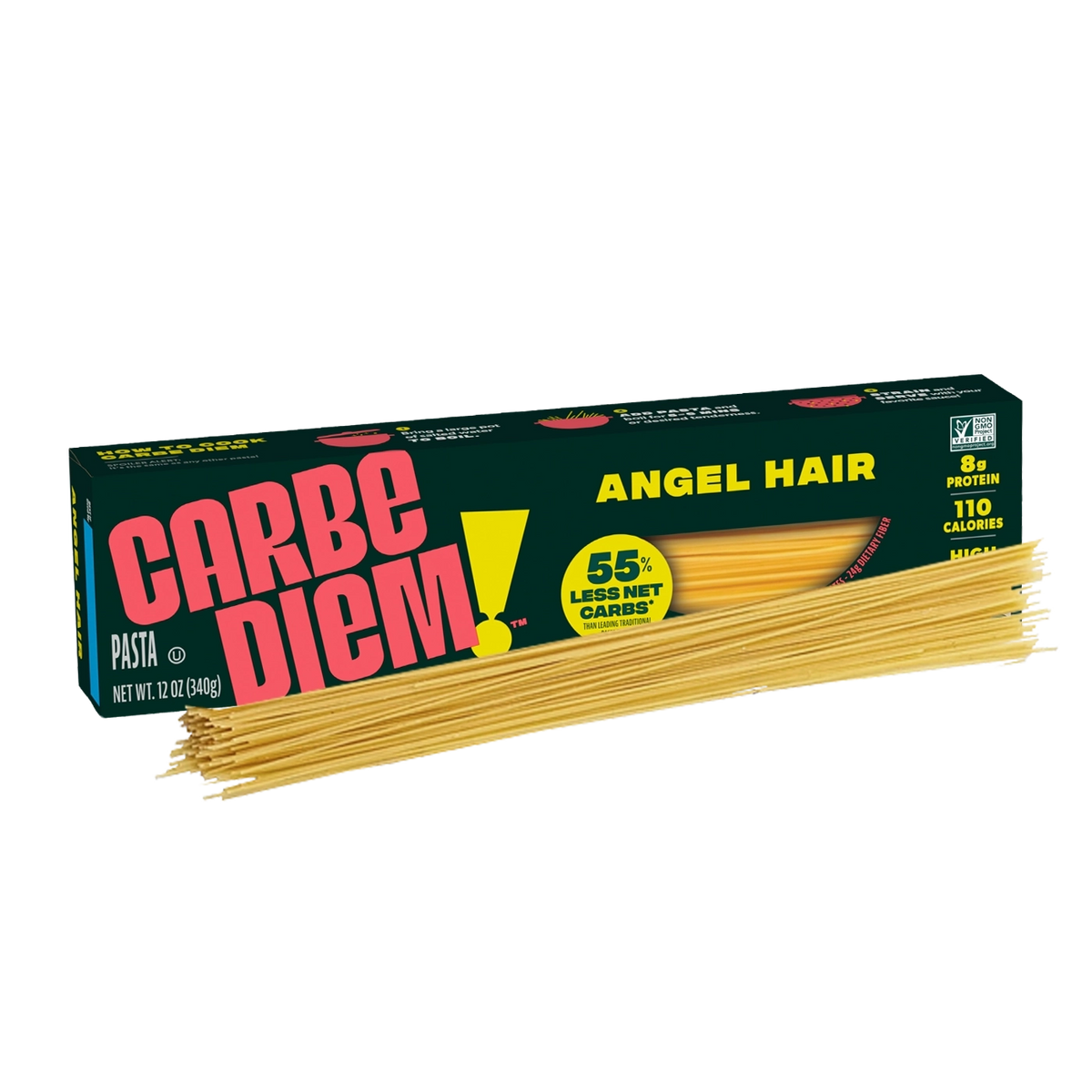 Front of Carbe Diem Angel Hair box with a pile of angel hair strands in front.