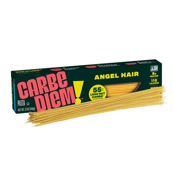 Front of Carbe Diem Angel Hair box with a pile of angel hair strands in front.