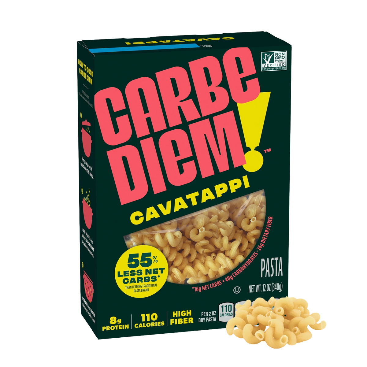 Front of Carbe Diem Cavatappi box with a pile of cavatappi noodles in front.