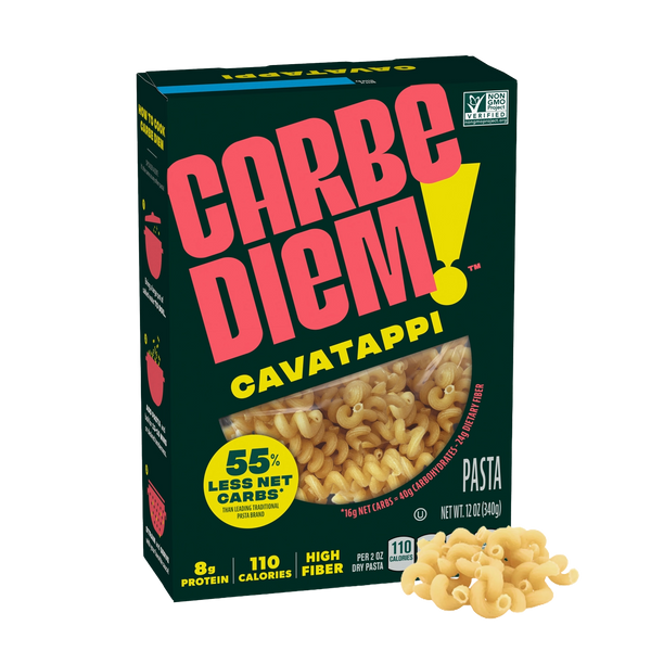 Front of Carbe Diem Cavatappi box with a pile of cavatappi noodles in front.