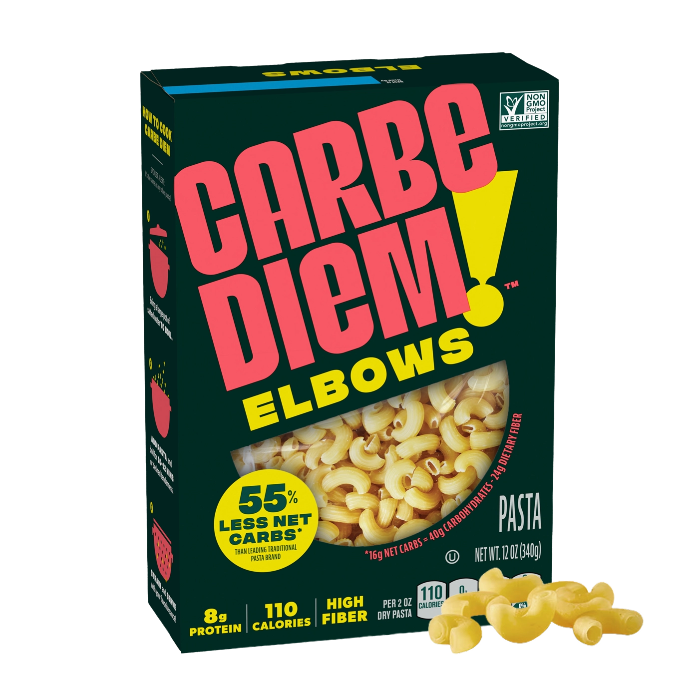 Front of Carbe Diem Elbows box with a pile of elbow noodles in front.