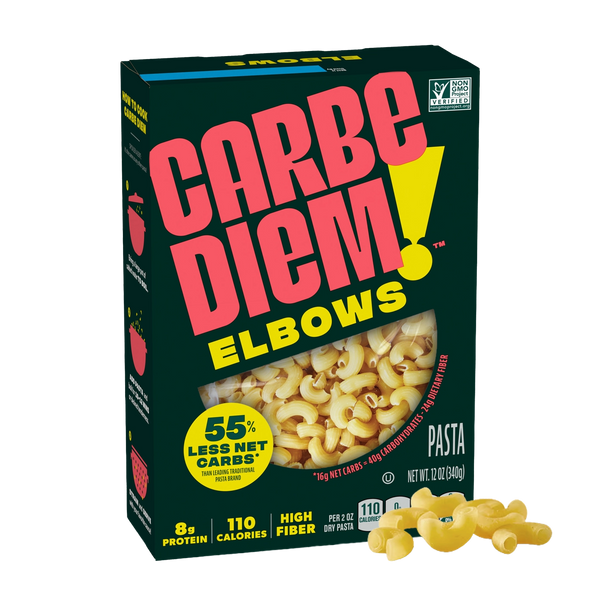 Front of Carbe Diem Elbows box with a pile of elbow noodles in front.