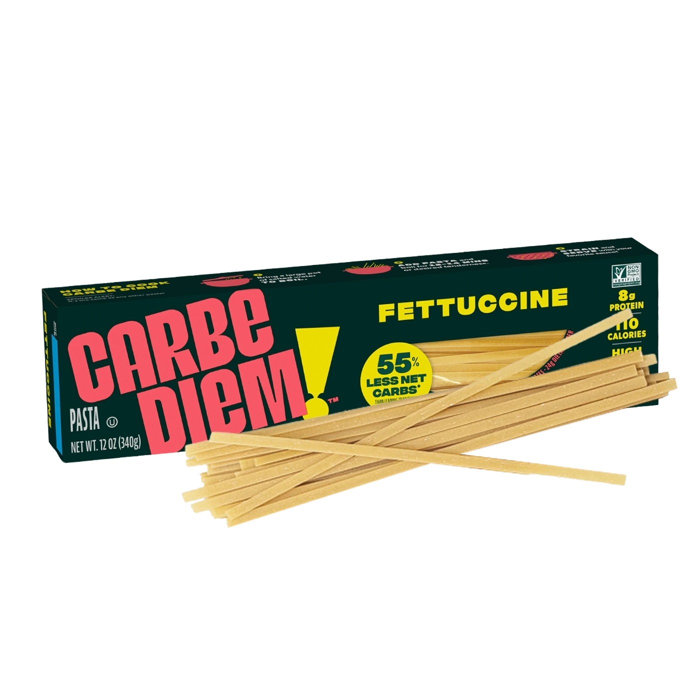 Front of Carbe Diem Fettuccine box with pasta strands piled in front.