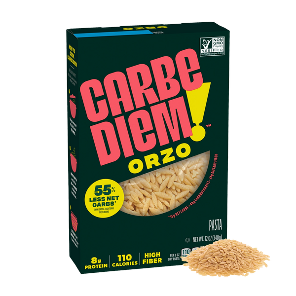 Front of Carbe Diem Orzo box with a pile of orzo pasta in front.