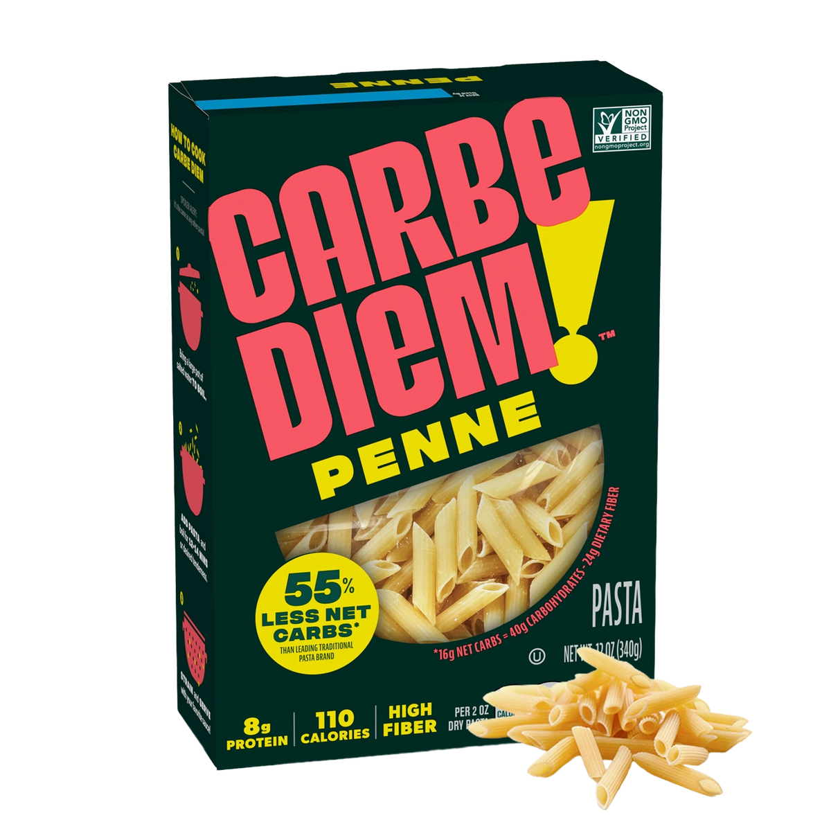 Front of Carbe Diem Penne box with a pile of penne noodles in front.