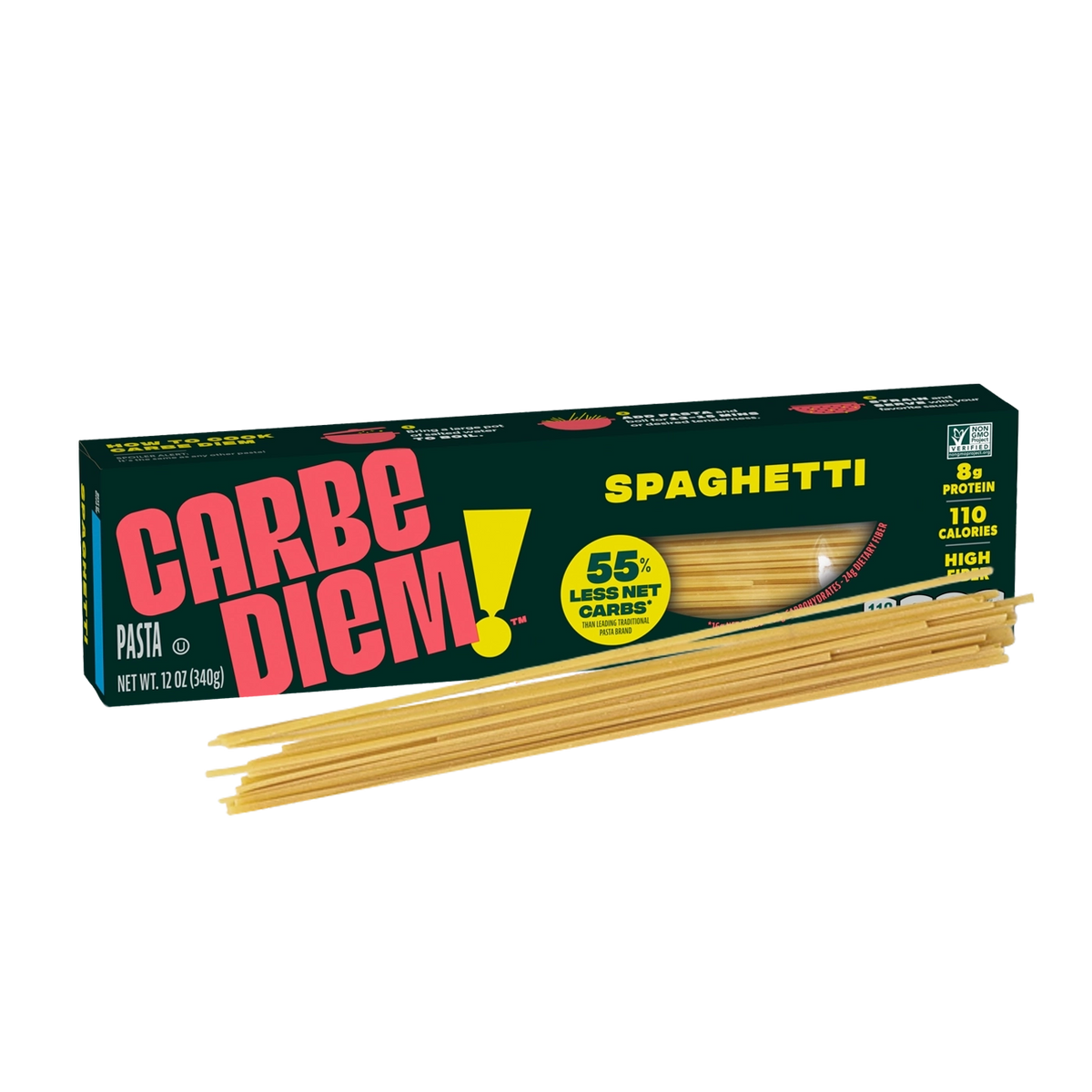 Front of Carbe Diem Spaghetti box with a pile of spaghetti noodles in front.