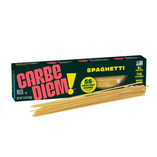 Front of Carbe Diem Spaghetti box with a pile of spaghetti noodles in front.