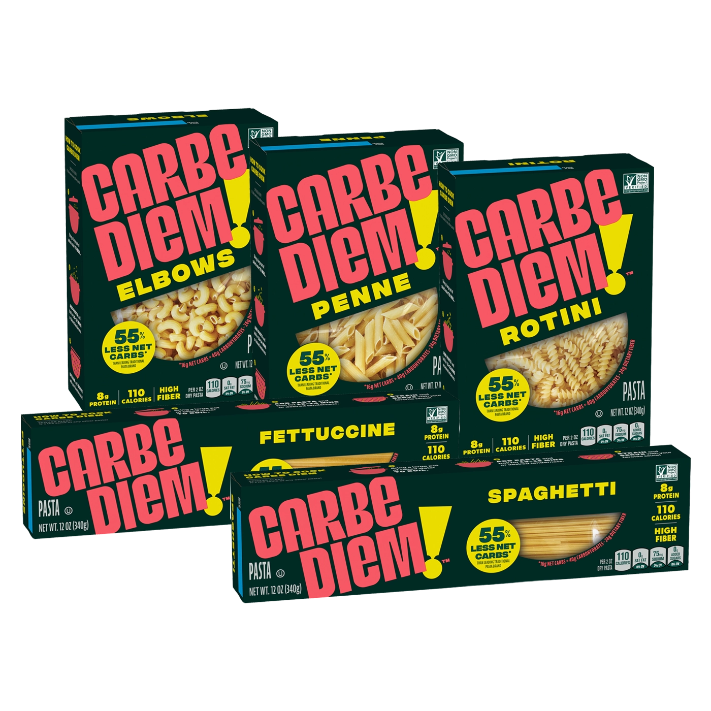 Five boxes of Carbe Diem pasta with different shapes