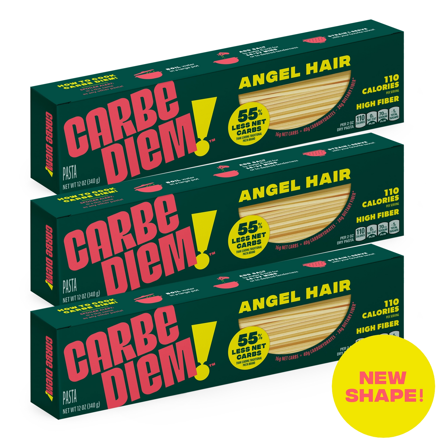 Three boxes of Carbe Diem Angel Hair pasta 