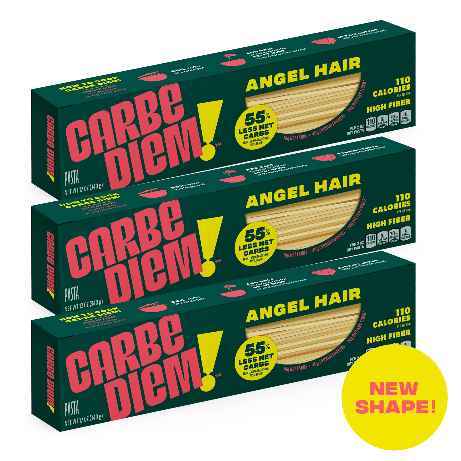 Three boxes of Carbe Diem Angel Hair pasta 