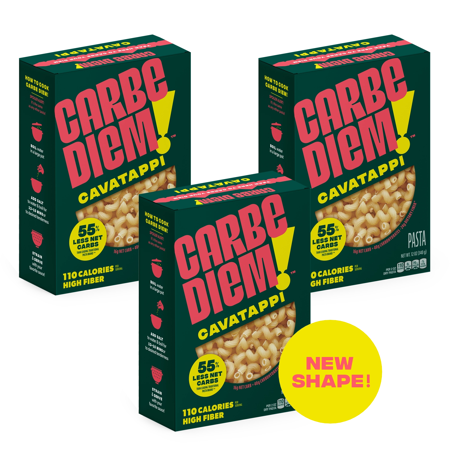 Three boxes of Carbe Diem Cavatappi pasta