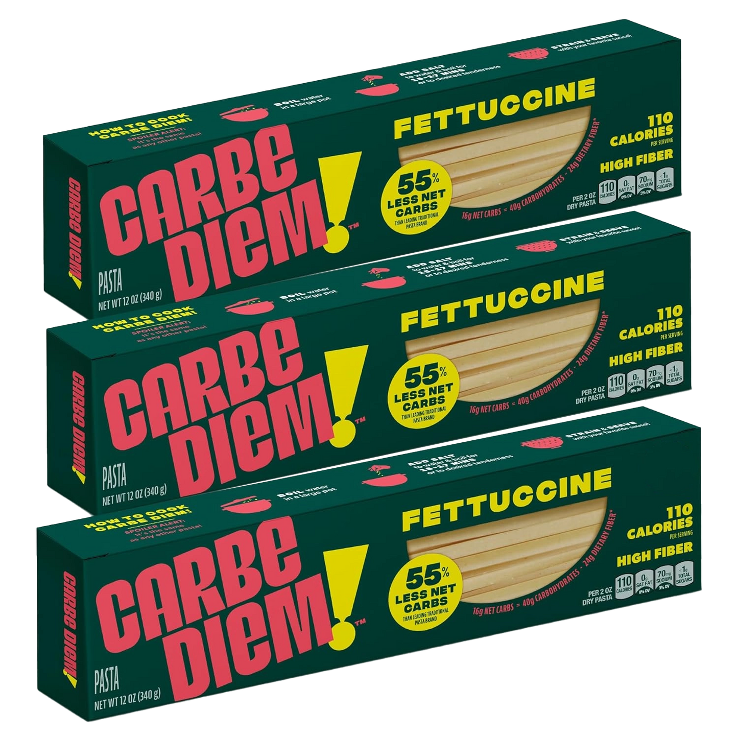 Three boxes of Carbe Diem fettuccine pasta