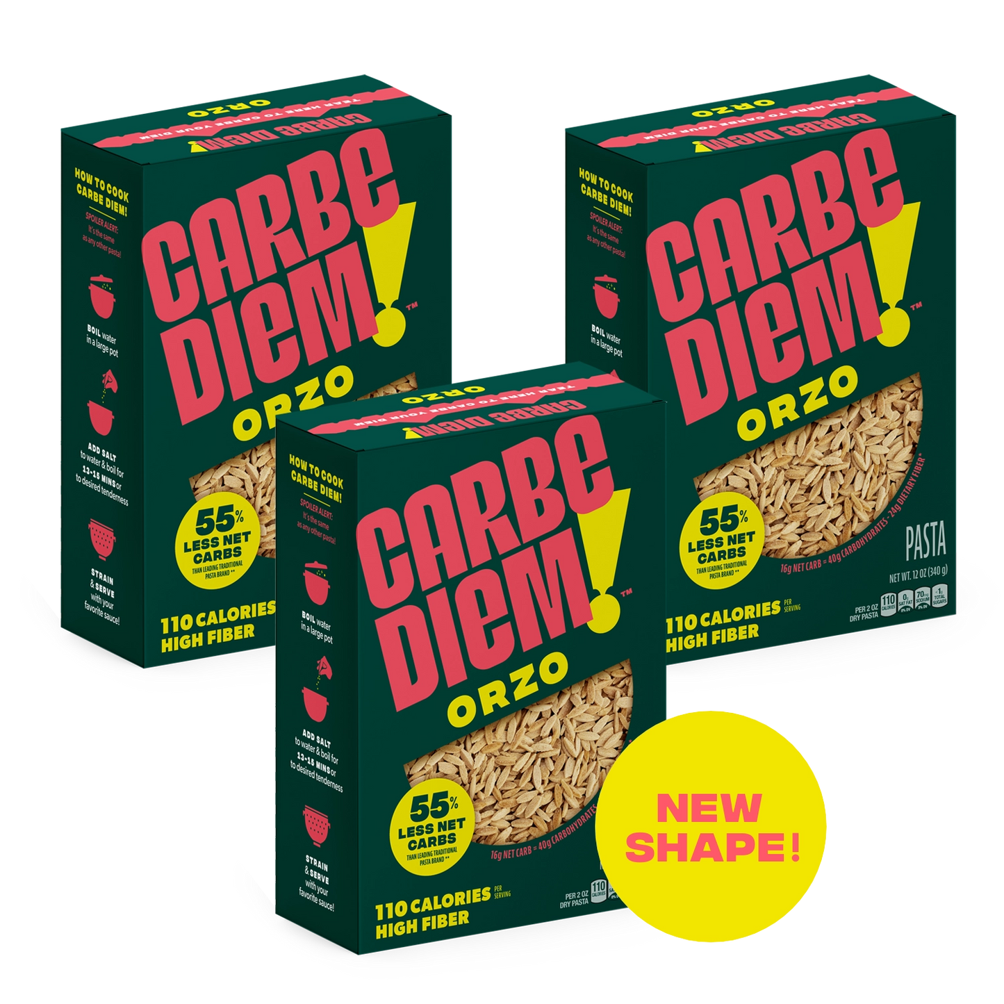 Three boxes of Carbe Diem Orzo pasta with a focus on the new shape feature.