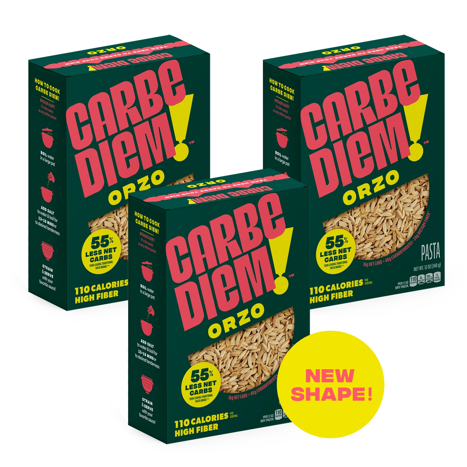 Three boxes of Carbe Diem Orzo pasta with a focus on the new shape feature.