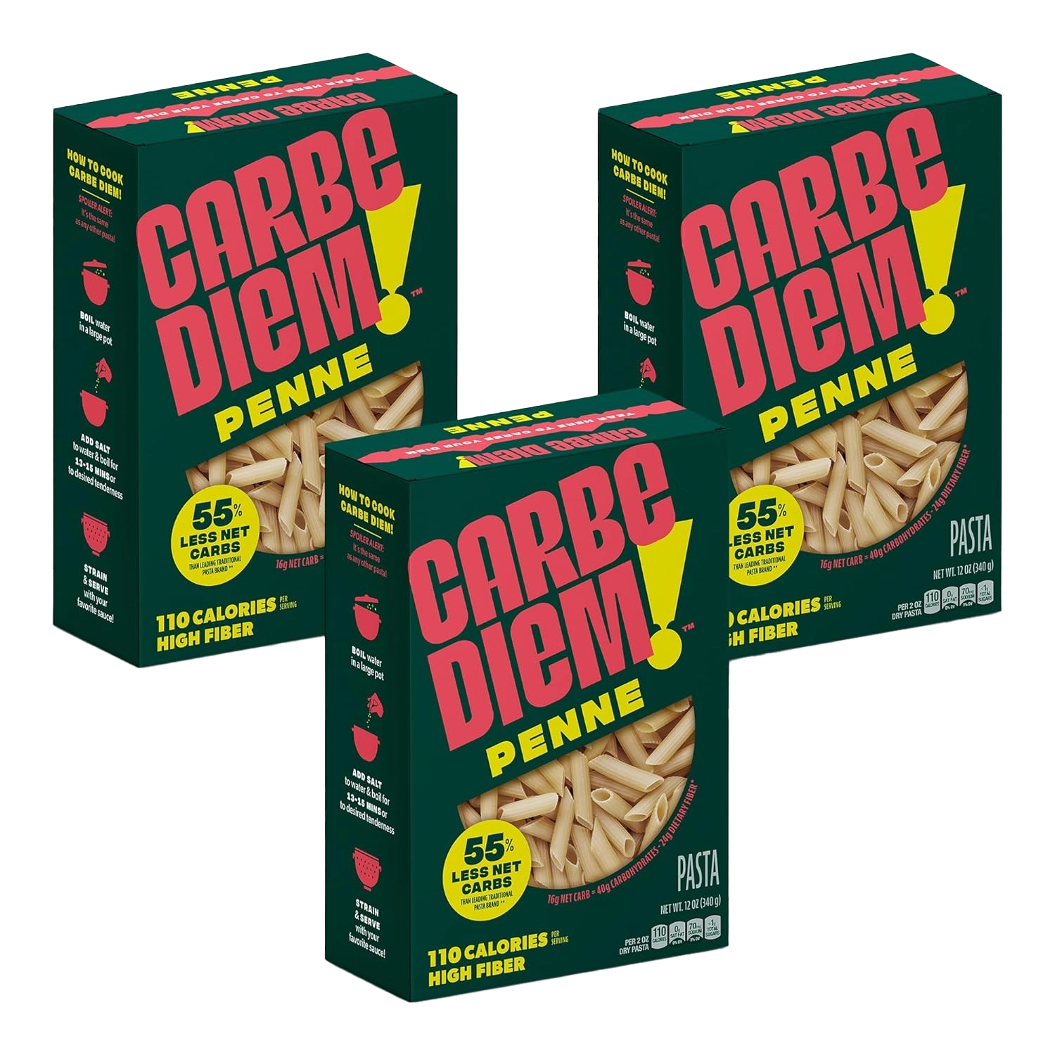 Three boxes of Carbe Diem Penne pasta