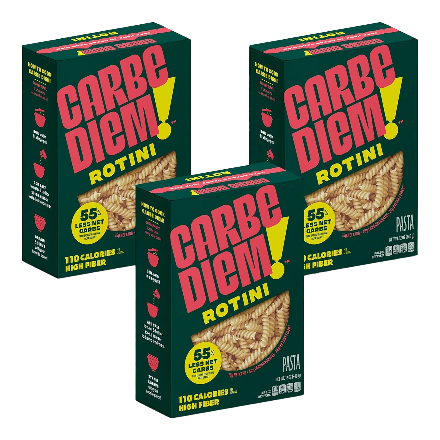 Three boxes of Carbe Diem Rotini pasta