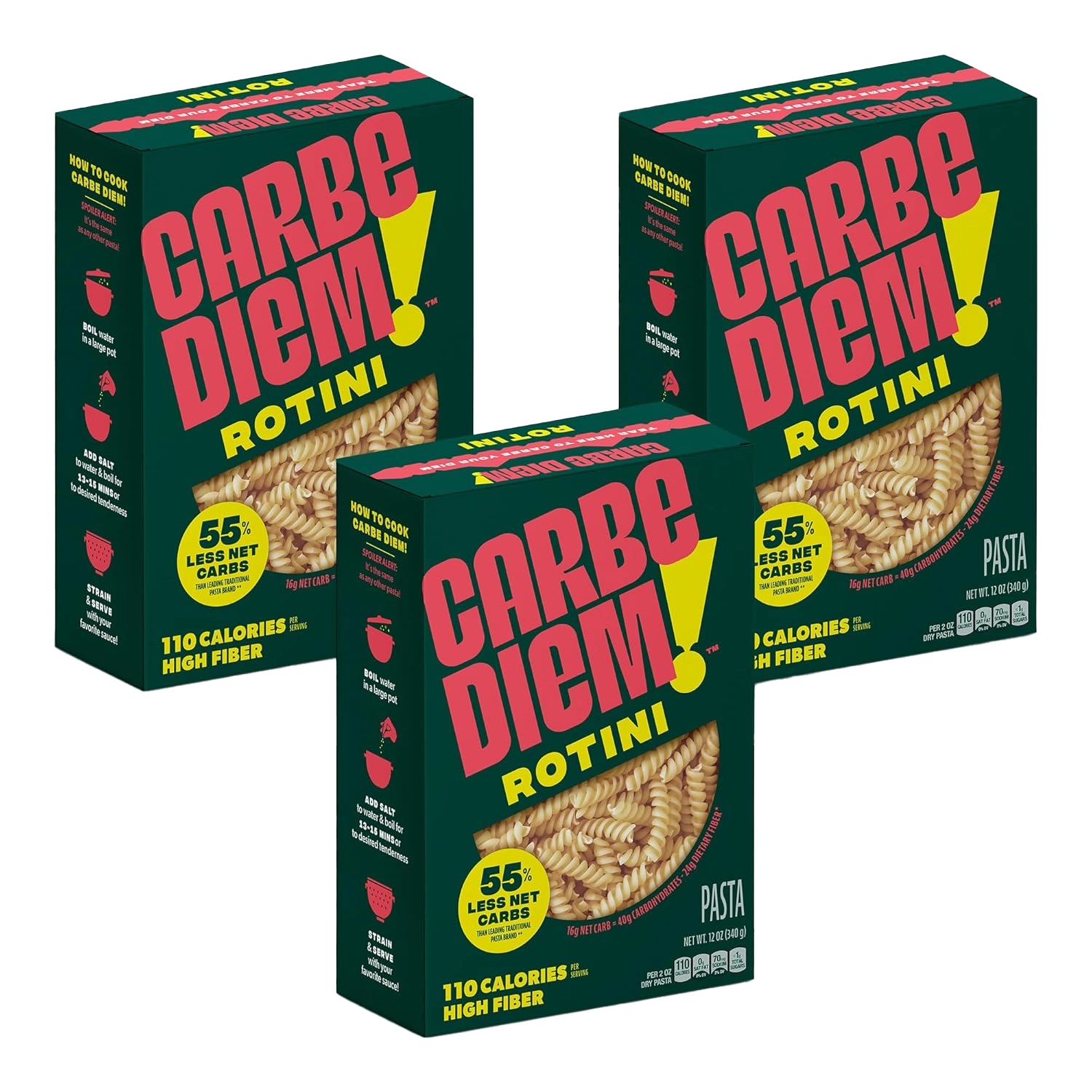 Three boxes of Carbe Diem Rotini pasta