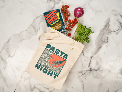 Cream-colored canvas tote bag with image of spaghetti. Reads "Pasta Night"