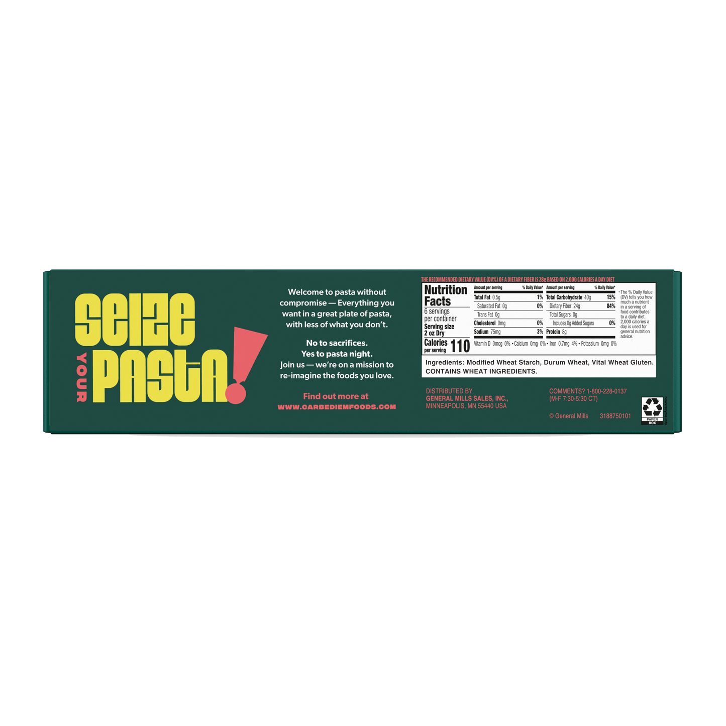 nutrition facts on side of Carbe Diem pasta