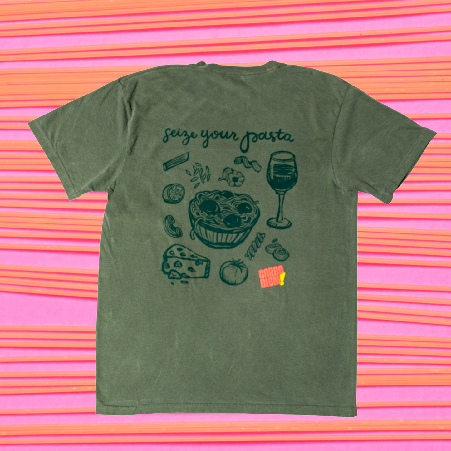 Green t-shirt with pasta-themed graphics and text reading "Seize your pasta" on a white background.