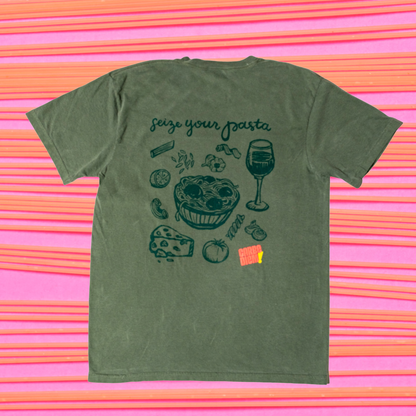 Green t-shirt with pasta-themed graphics and text reading "Seize your pasta" on a white background.