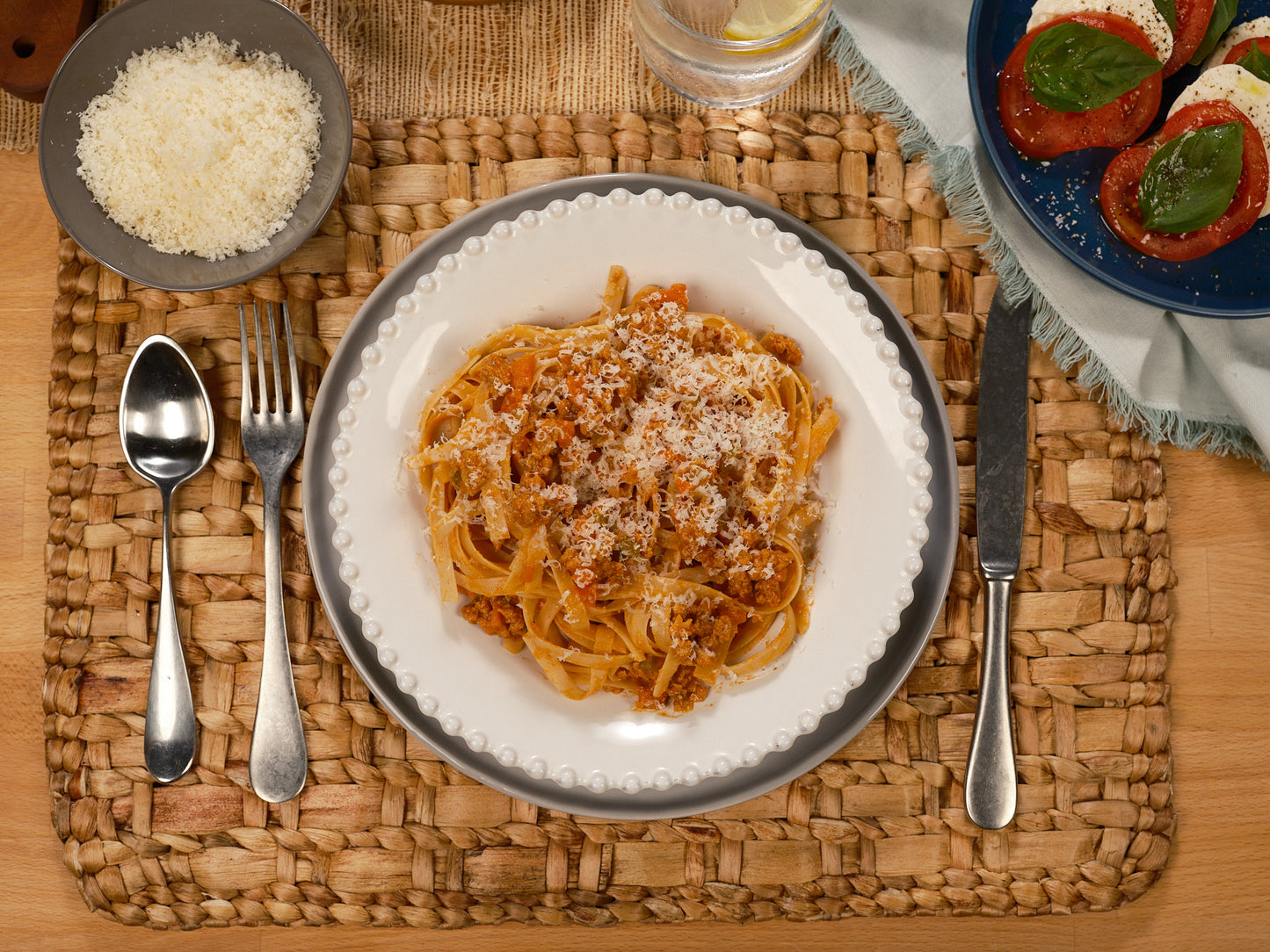 reduced calorie fettuccine pasta, overhead view