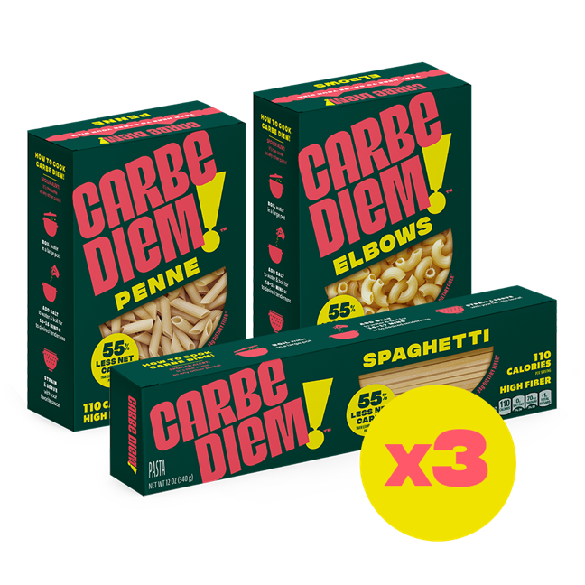 Image #1 green boxes of carbe diem pasta, front of package