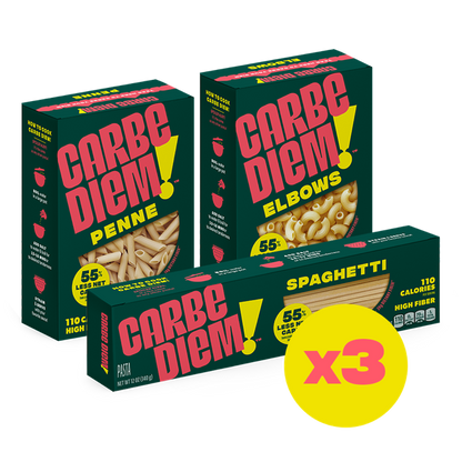 carbe diem pasta sampler pack, front of packages